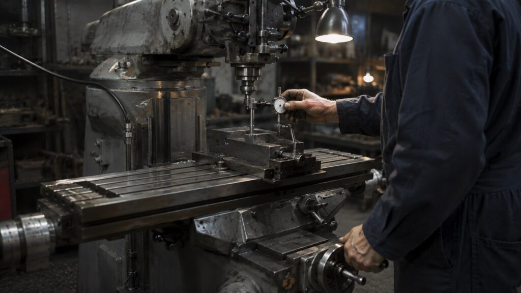 Manual Bridgeport mill setup with dial indicator