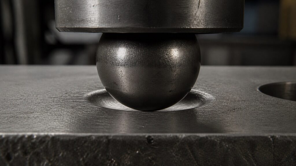 Brinell hardness test showing large ball indentation on metal surface