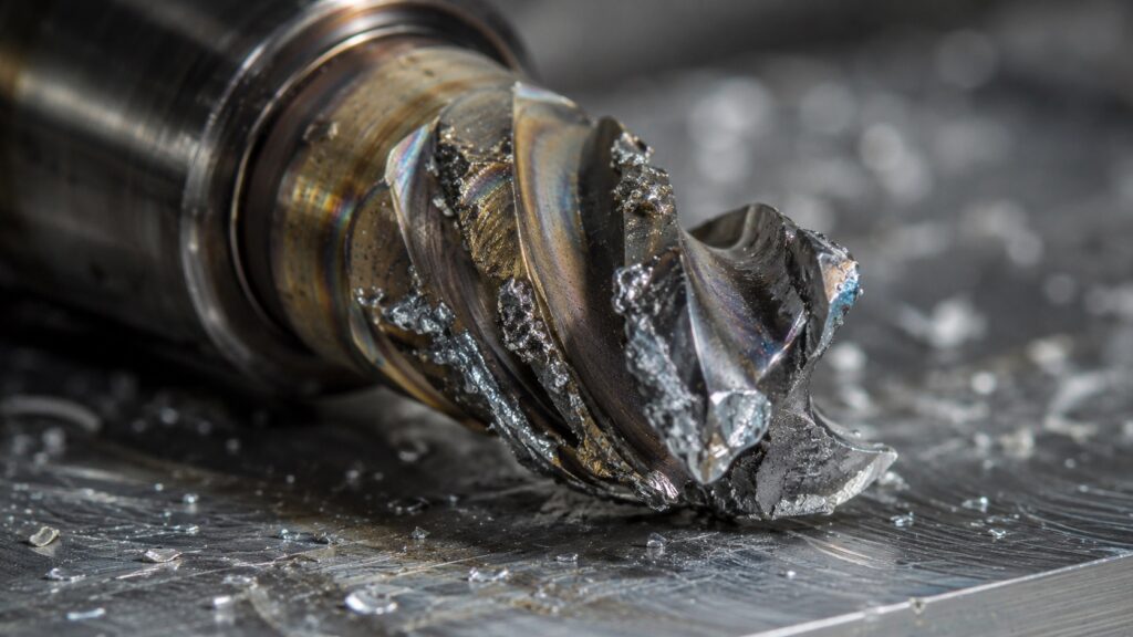 Carbide end mill showing aluminum chip welding from incorrect machining setup