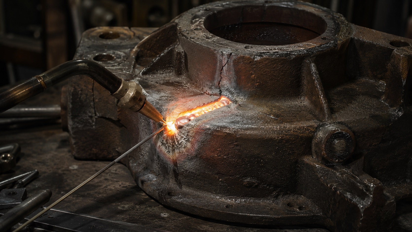Welder repairing cracked cast iron housing in industrial workshop