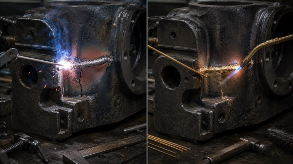 Split comparison of cast iron welding and brazing repair methods in industrial fabrication workshop