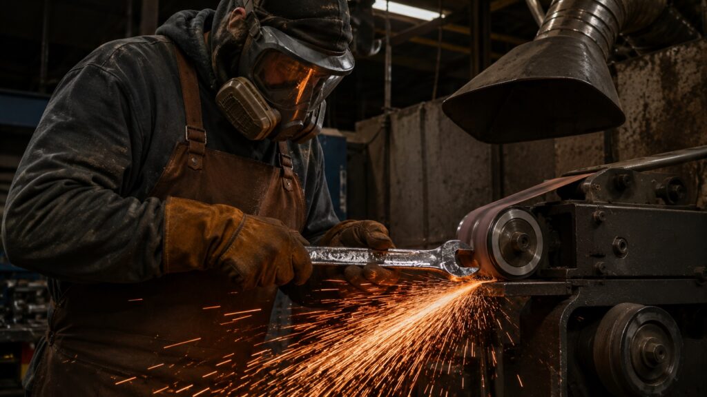 Safe grinding setup for chrome-plated wrench forging