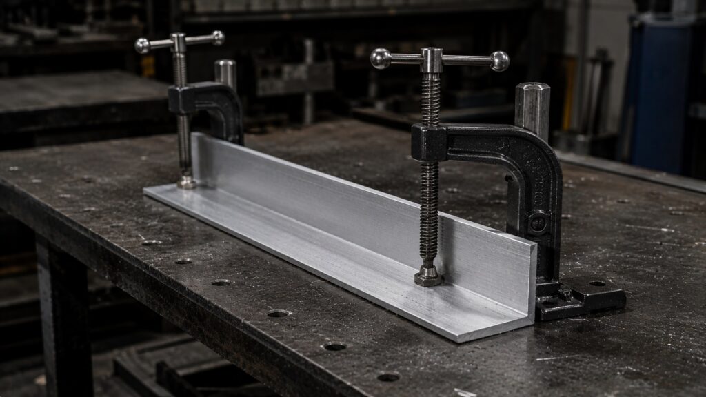 properly clamped aluminum angle before cutting operation