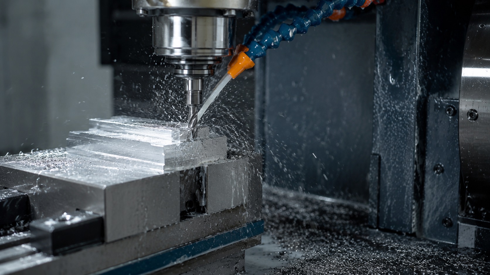 CNC milling machine cutting aluminum with carbide end mill in industrial workshop