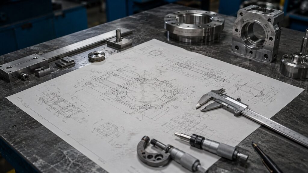 engineering blueprint with caliper and precision machining measuring tools