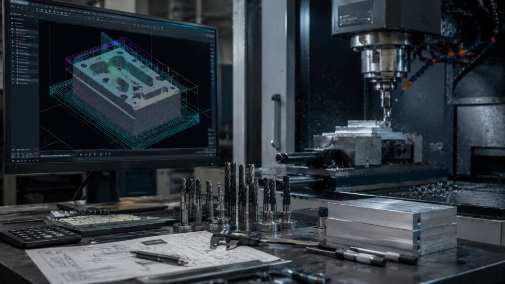 CAD and CAM workflow beside CNC machine setup station