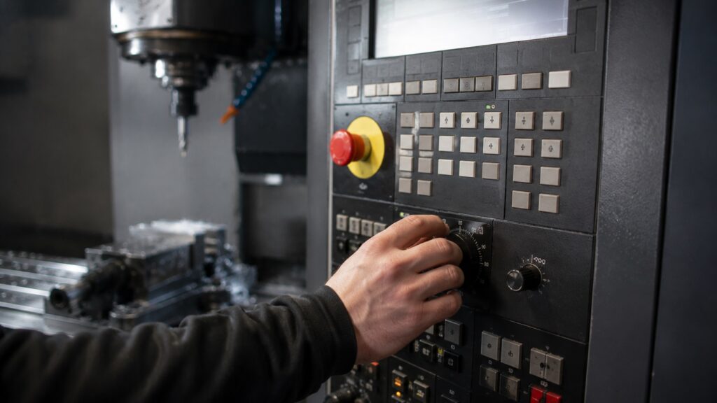 CNC emergency stop button and feed override controls during machine setup