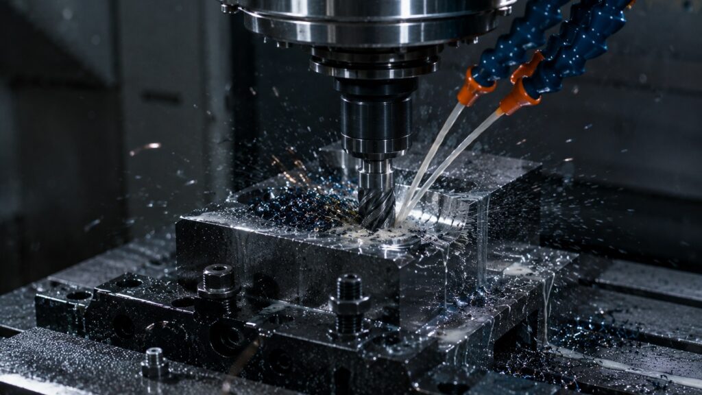 CNC end mill cutting steel with visible metal chips and coolant