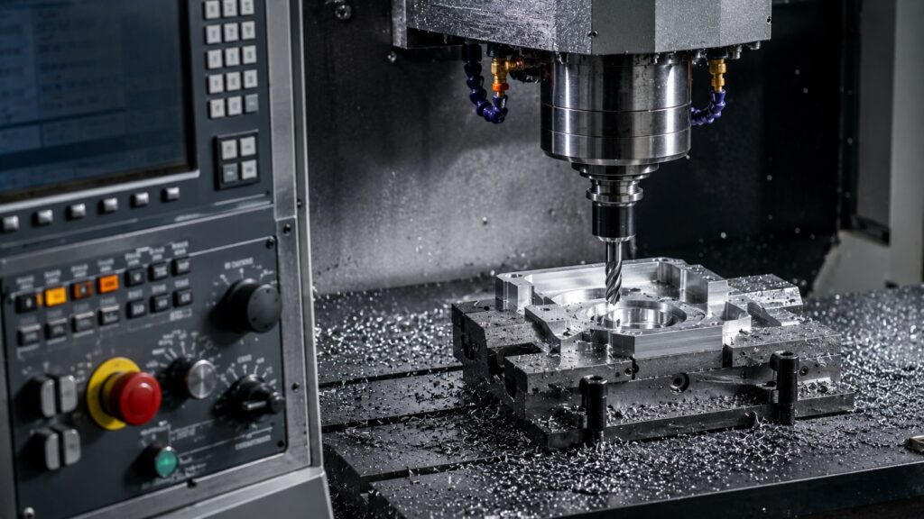 close-up of CNC machine controls and precision machining process
