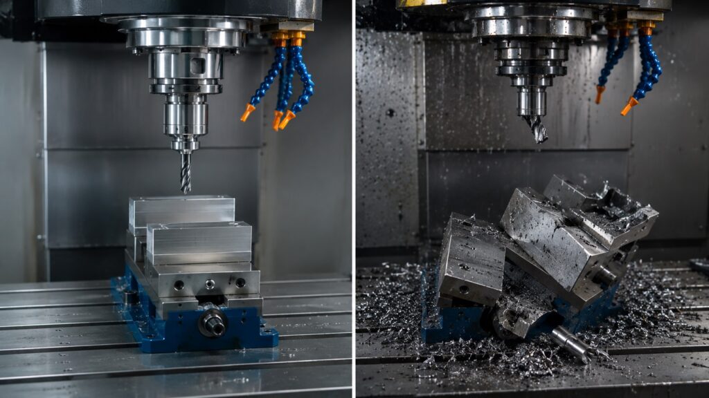 Comparison between proper CNC setup and programming crash