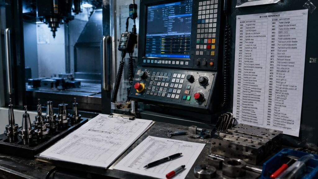 CNC setup station with printed M-code reference sheet