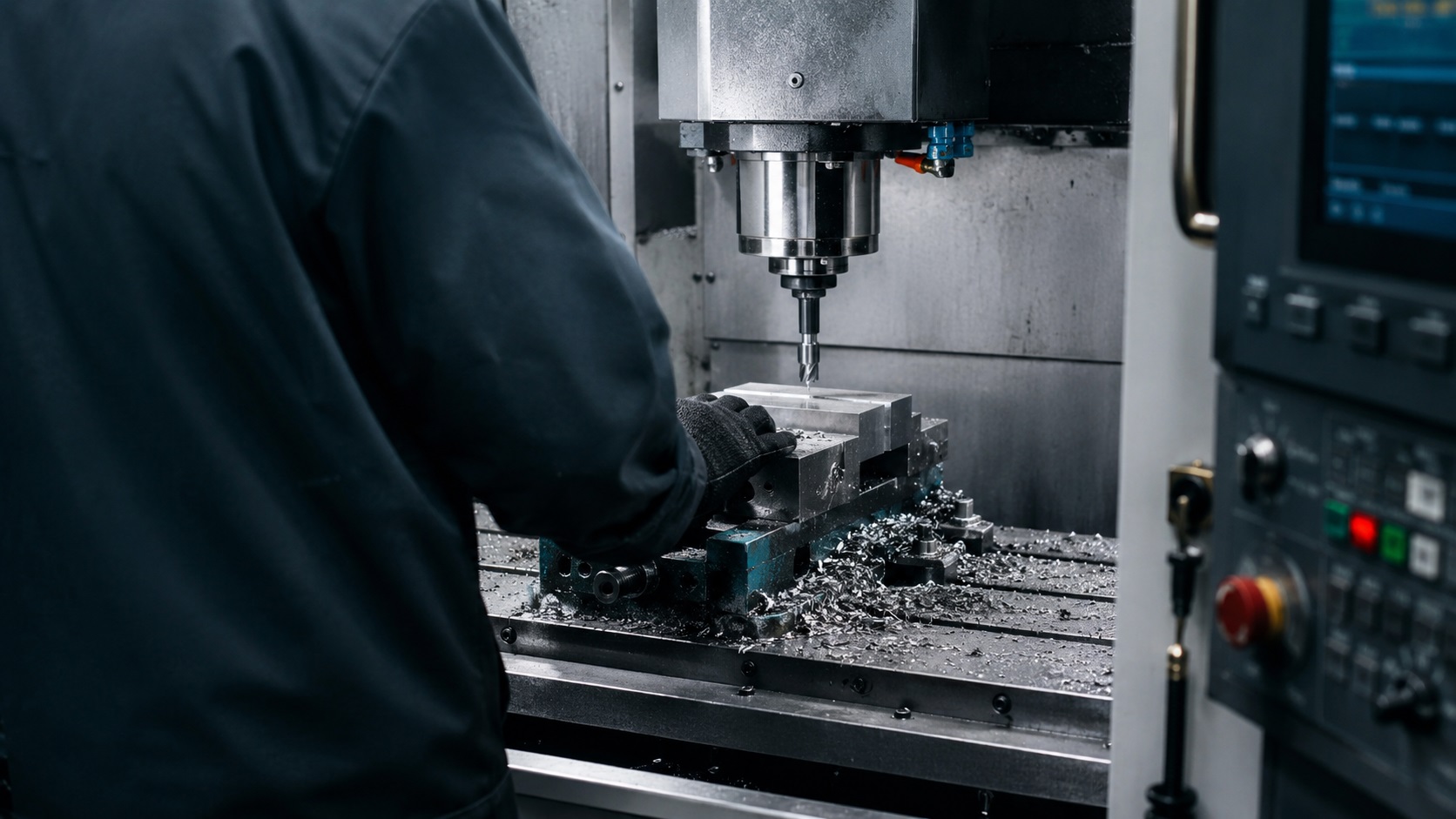 CNC machinist operating industrial CNC machine in modern manufacturing workshop