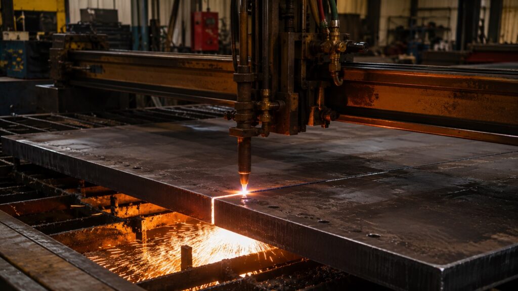 CNC flame cutting table producing controlled heat affected zone on steel