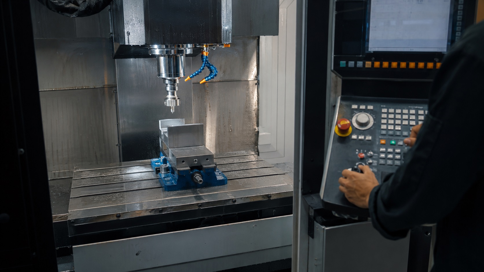 CNC machinist verifying a new machining program before production