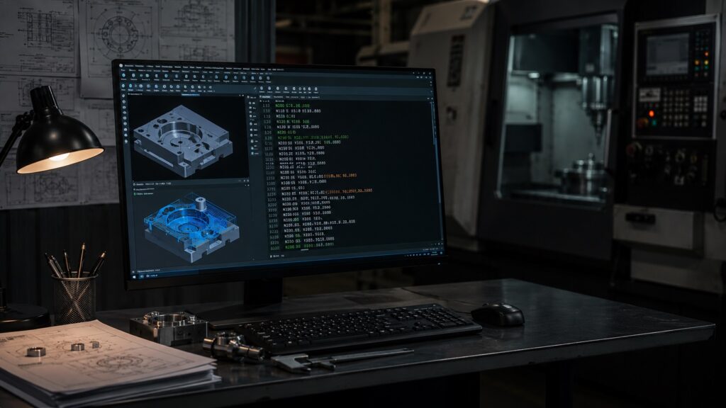 CNC programming screen showing G-code and machining toolpaths
