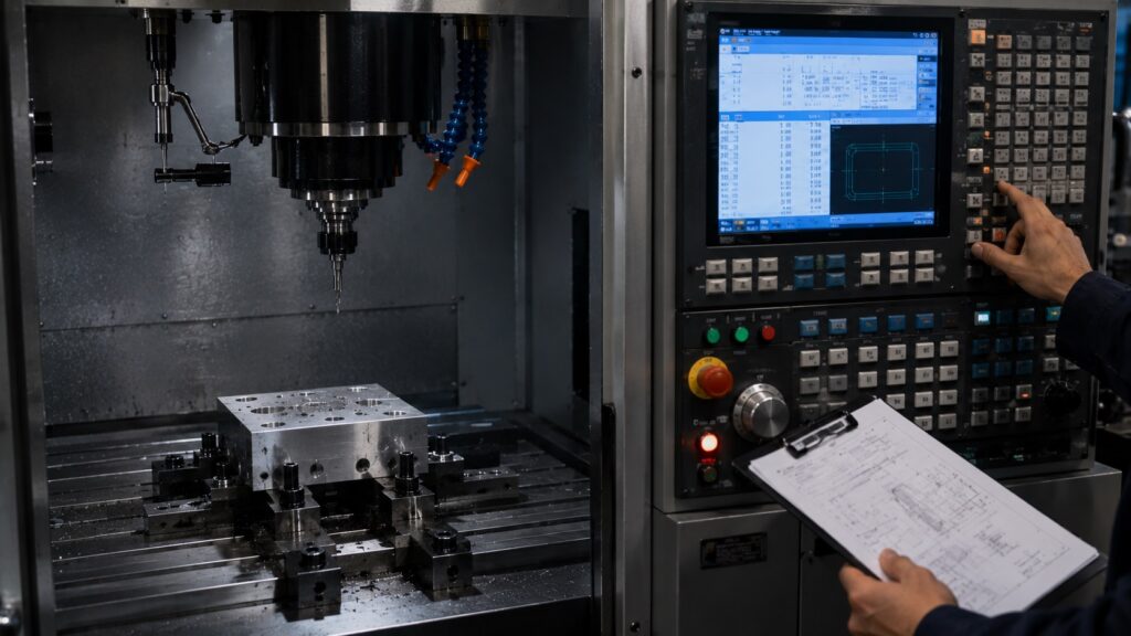 Machinist verifying CNC work offsets and safe Z height before cycle start