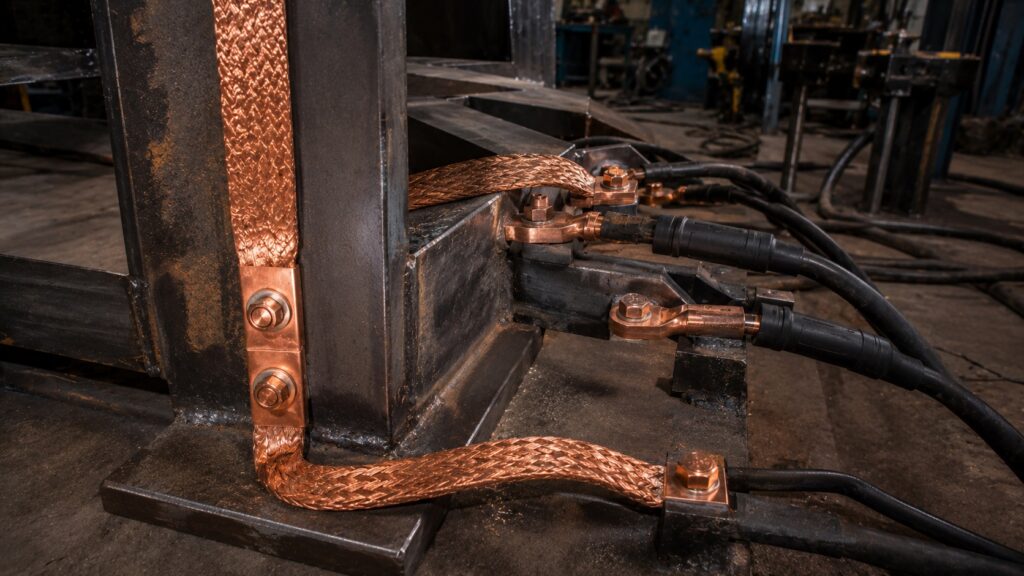 Industrial copper grounding and electrical cable setup