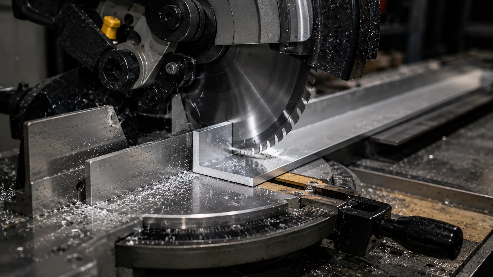 cutting aluminum angle with miter saw in DIY workshop