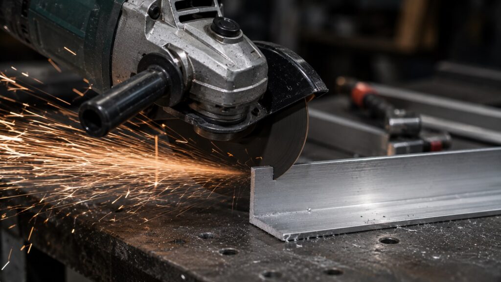 angle grinder cutting aluminum angle in fabrication workshop