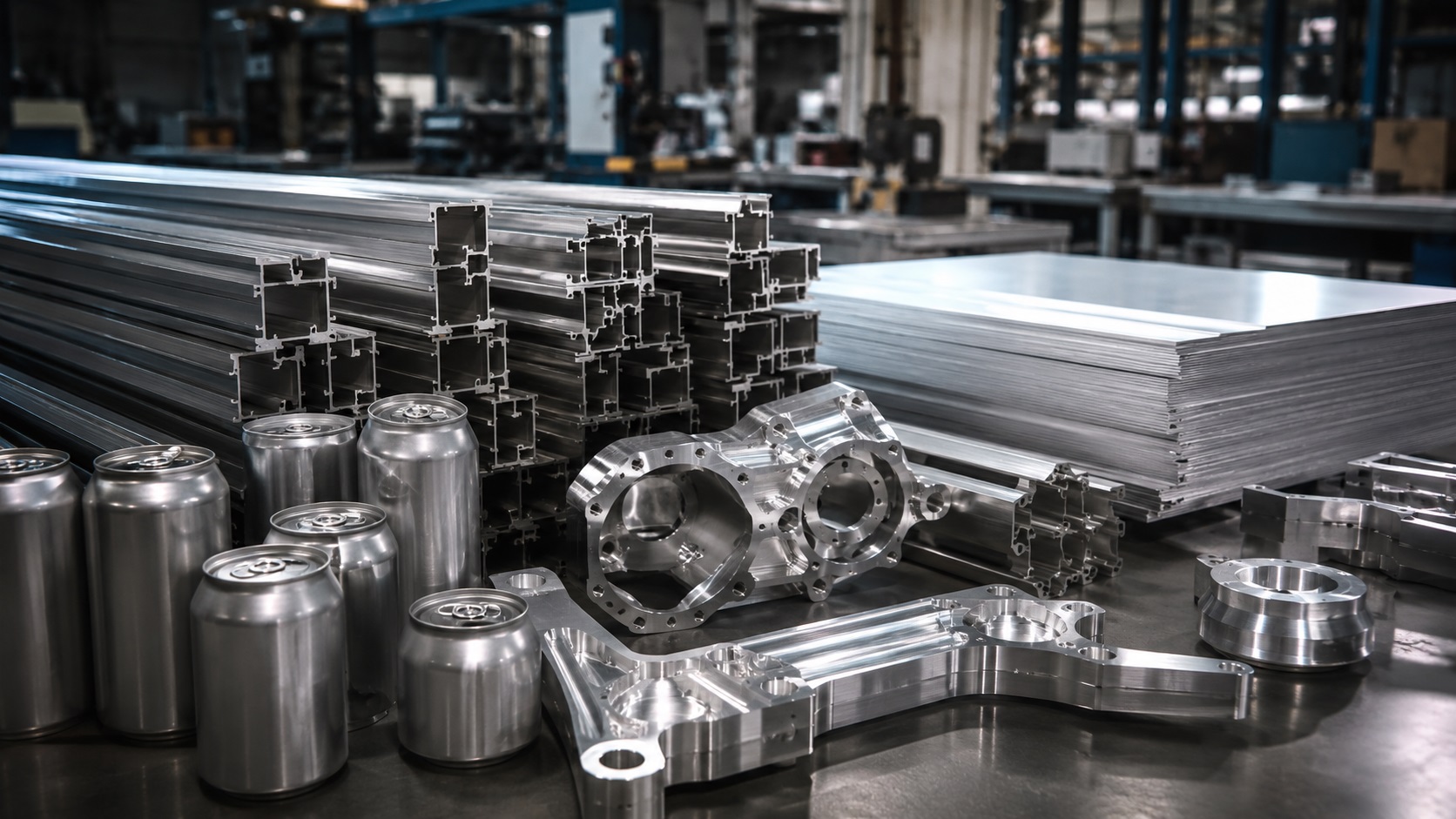 Various everyday and industrial aluminum products inside a fabrication workshop