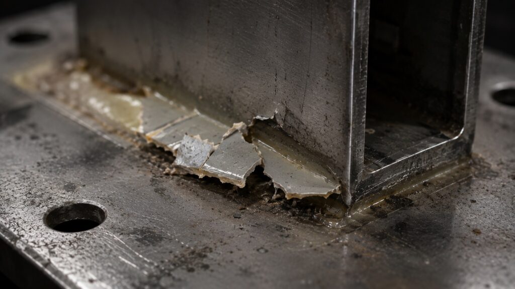 failed adhesive bond on metal showing peeling and cracking