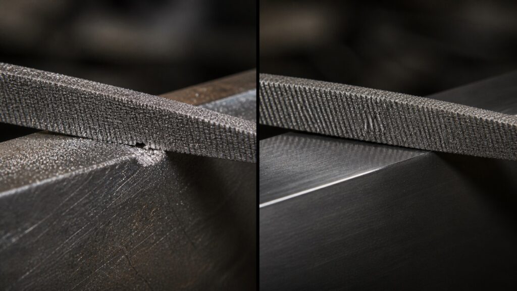file test on steel showing difference between soft and hardened metal surface