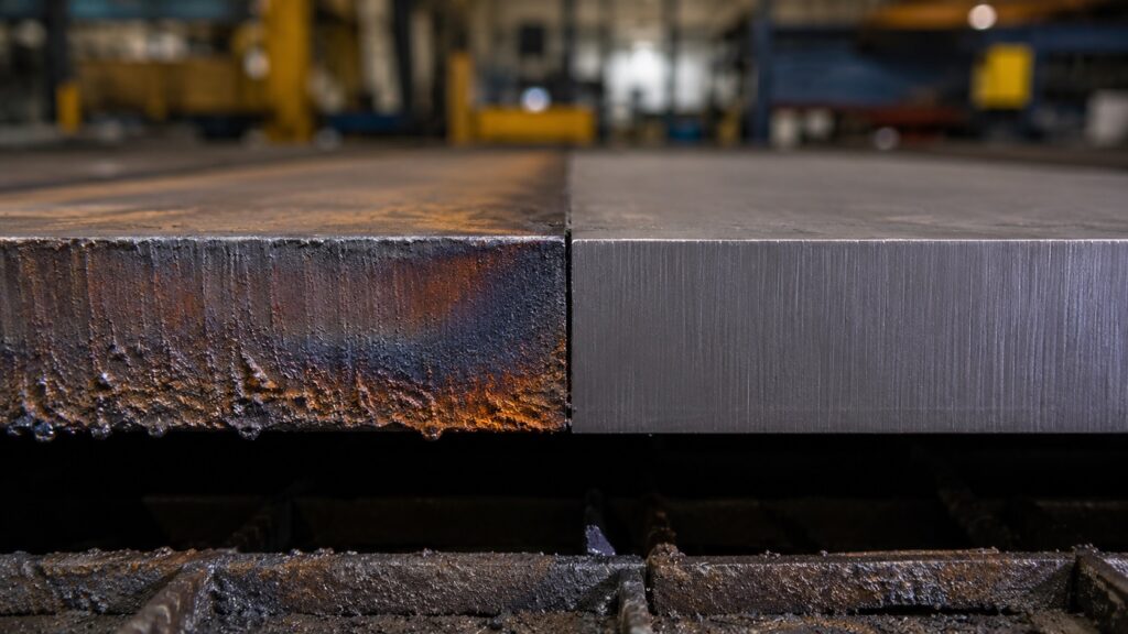 Comparison between flame cut steel edge and waterjet cut edge