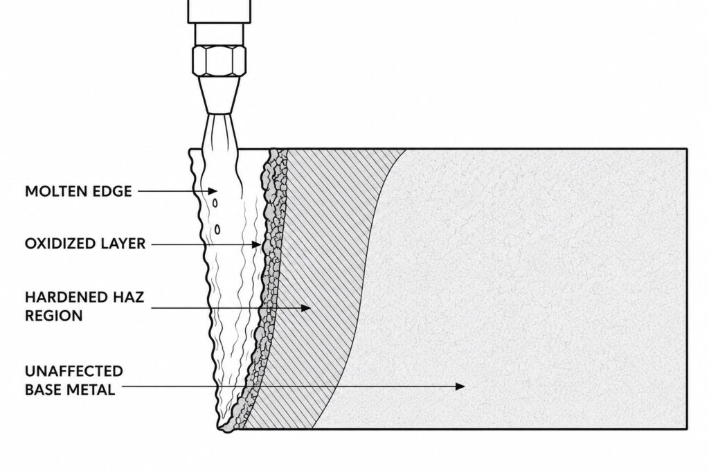 Technical cross-section diagram of heat affected zone in flame-cut steel