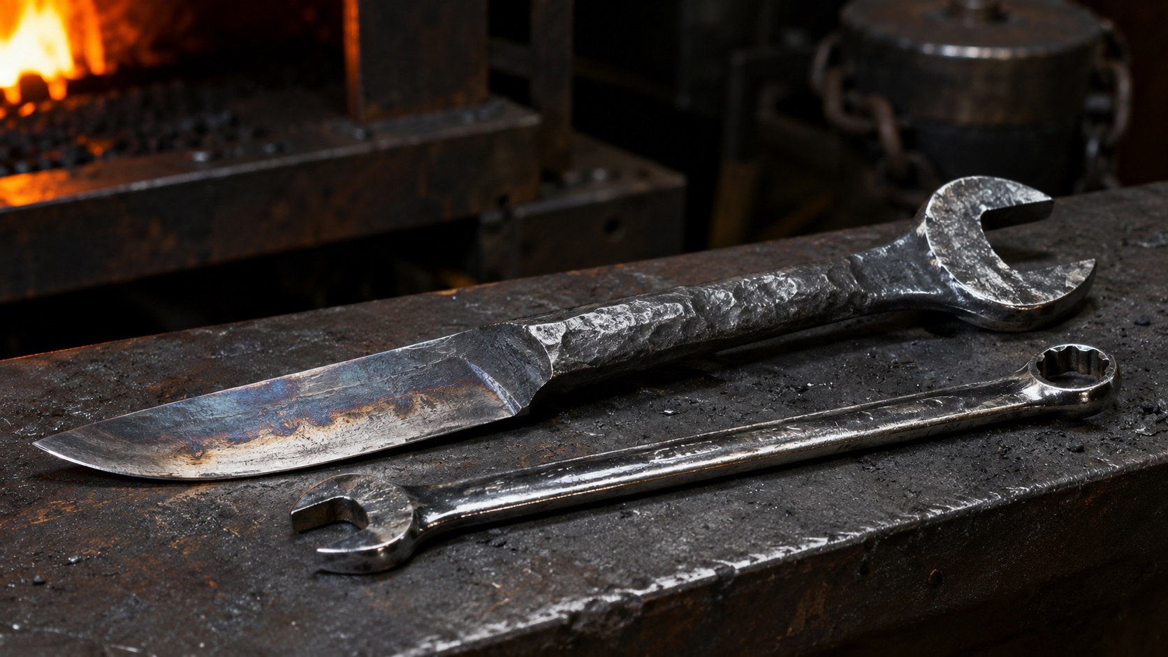 Forged knife made from an old chrome wrench on a blacksmith workbench