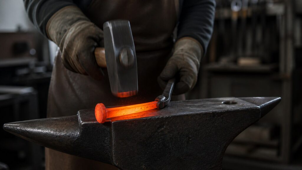 forging railroad spike on anvil heated metal shaping process