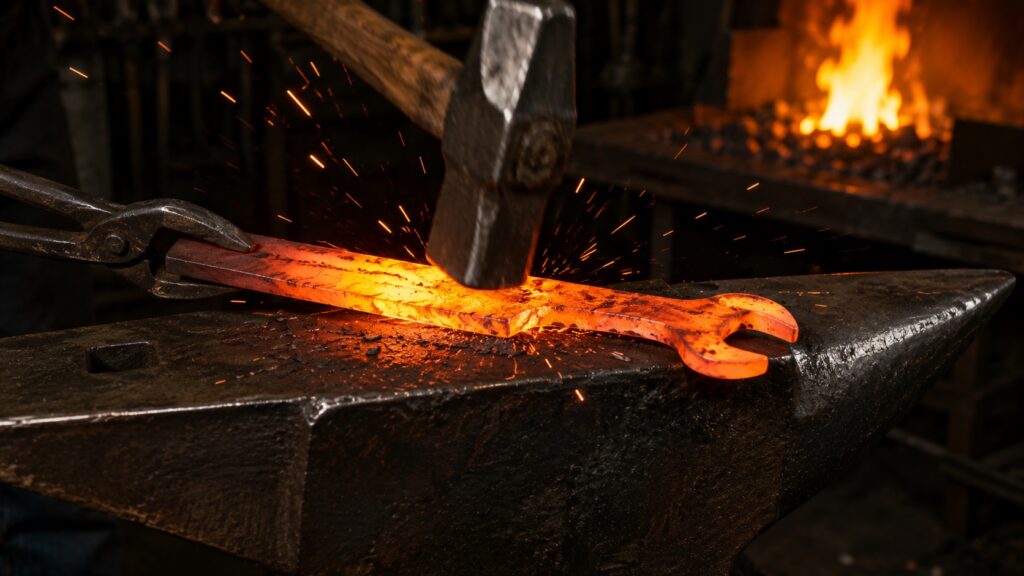 Blacksmith forging a wrench into a knife blade