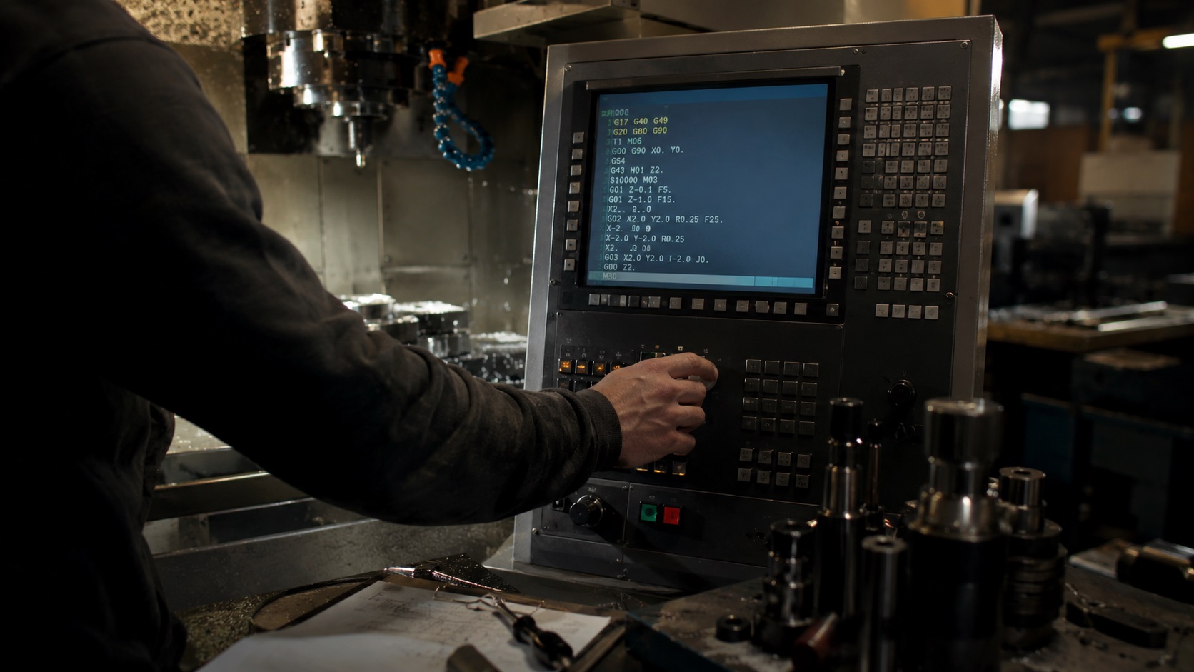 CNC machinist using MDI mode and G-code commands on industrial milling machine