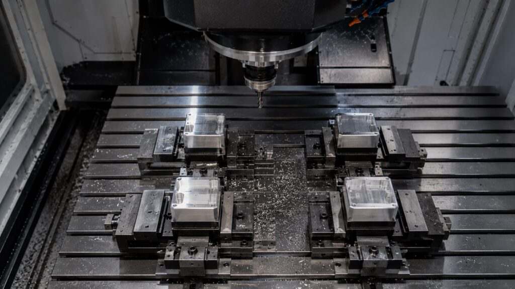 CNC spindle performing rapid positioning above fixtures and workpiece using G00