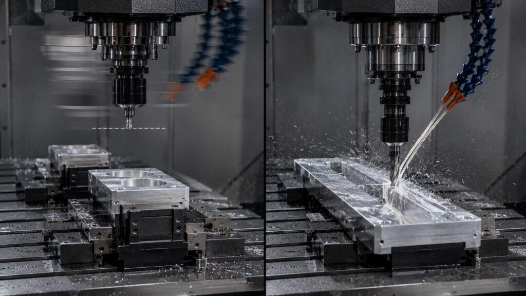 Comparison between rapid positioning movement and controlled cutting feed in CNC machining