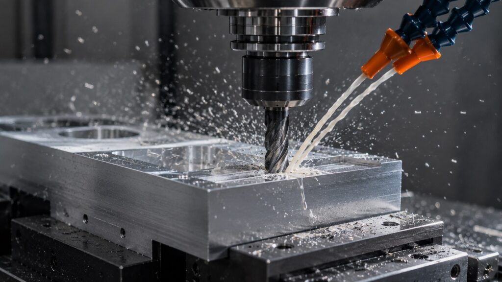 Carbide end mill performing controlled G01 cutting movement with visible chip formation