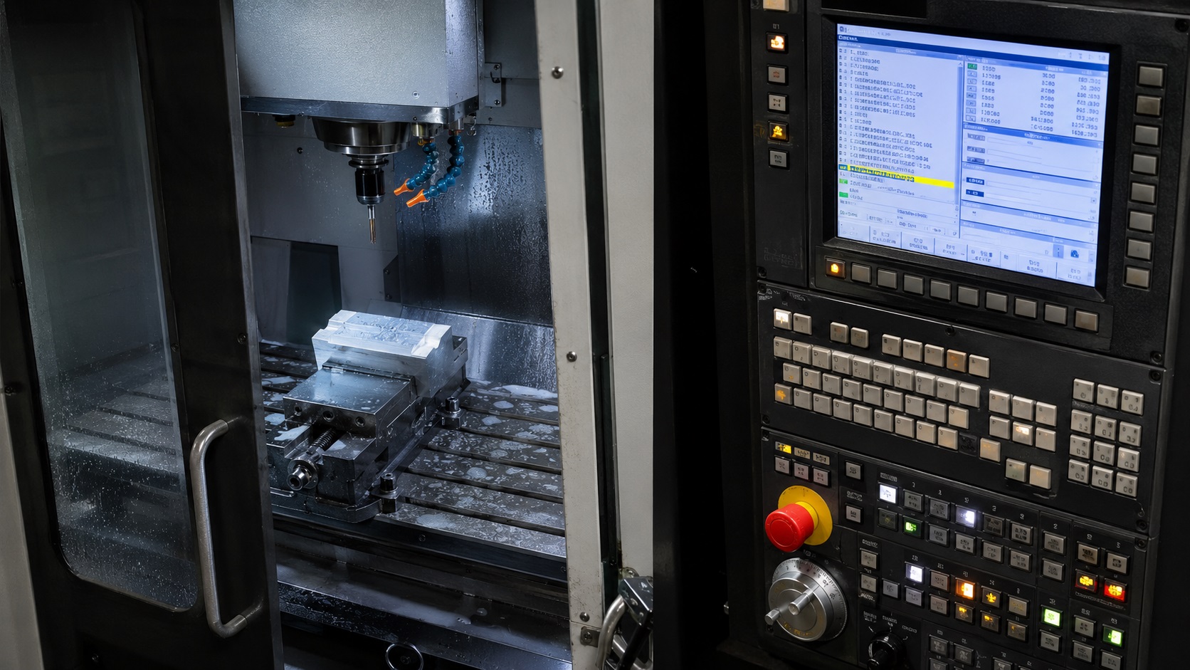 CNC machine setup showing G90 and G91 positioning modes on industrial machining center