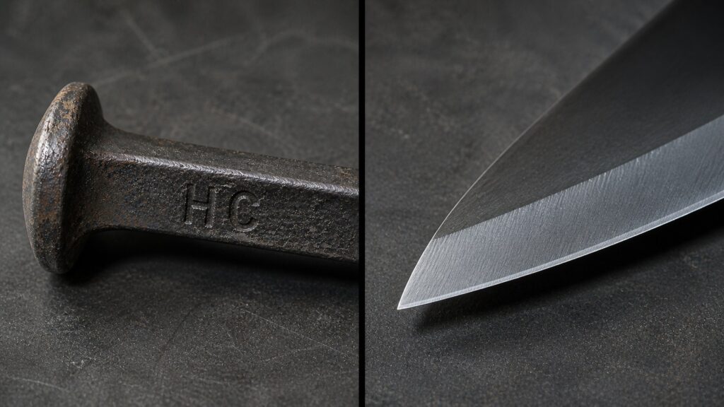 railroad spike HC marking compared to high carbon steel knife blade edge