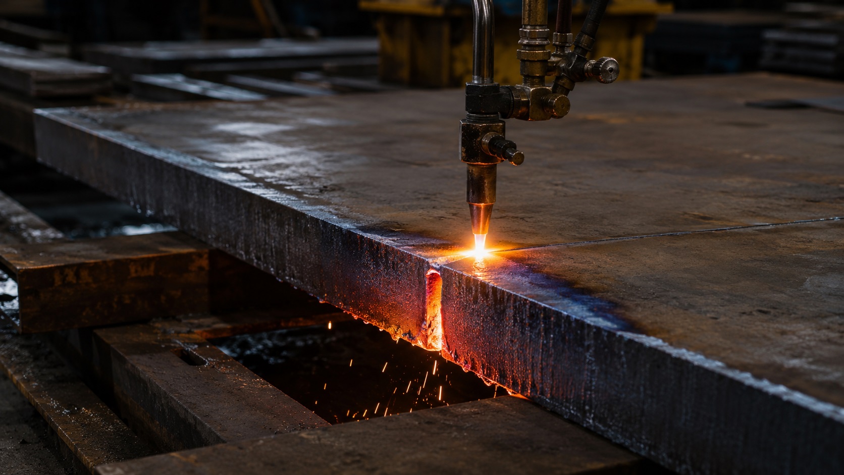 Oxy-fuel flame cutting creating visible heat affected zone on thick steel plate