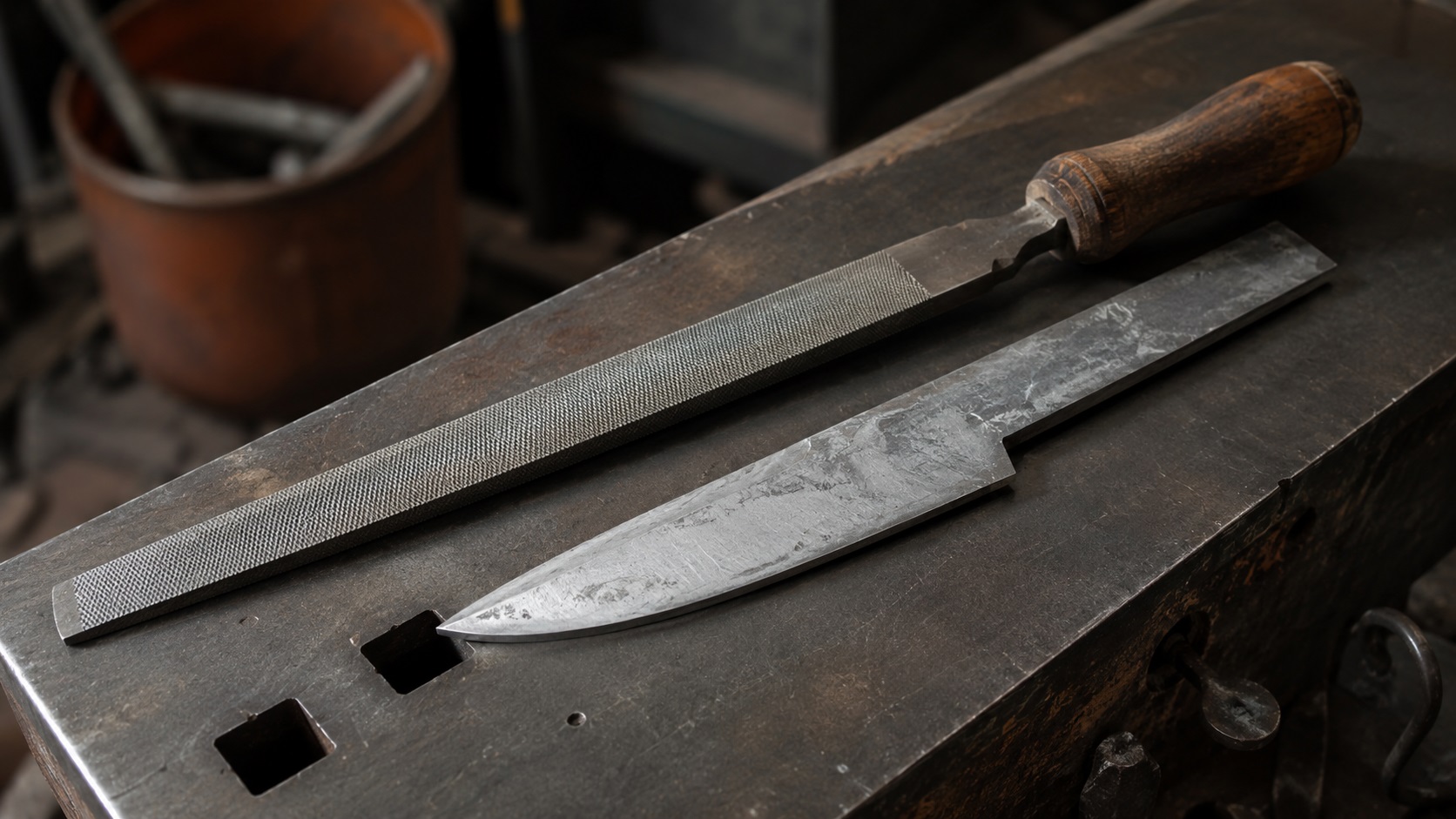 Old high-carbon steel file beside forged knife blank in fabrication workshop