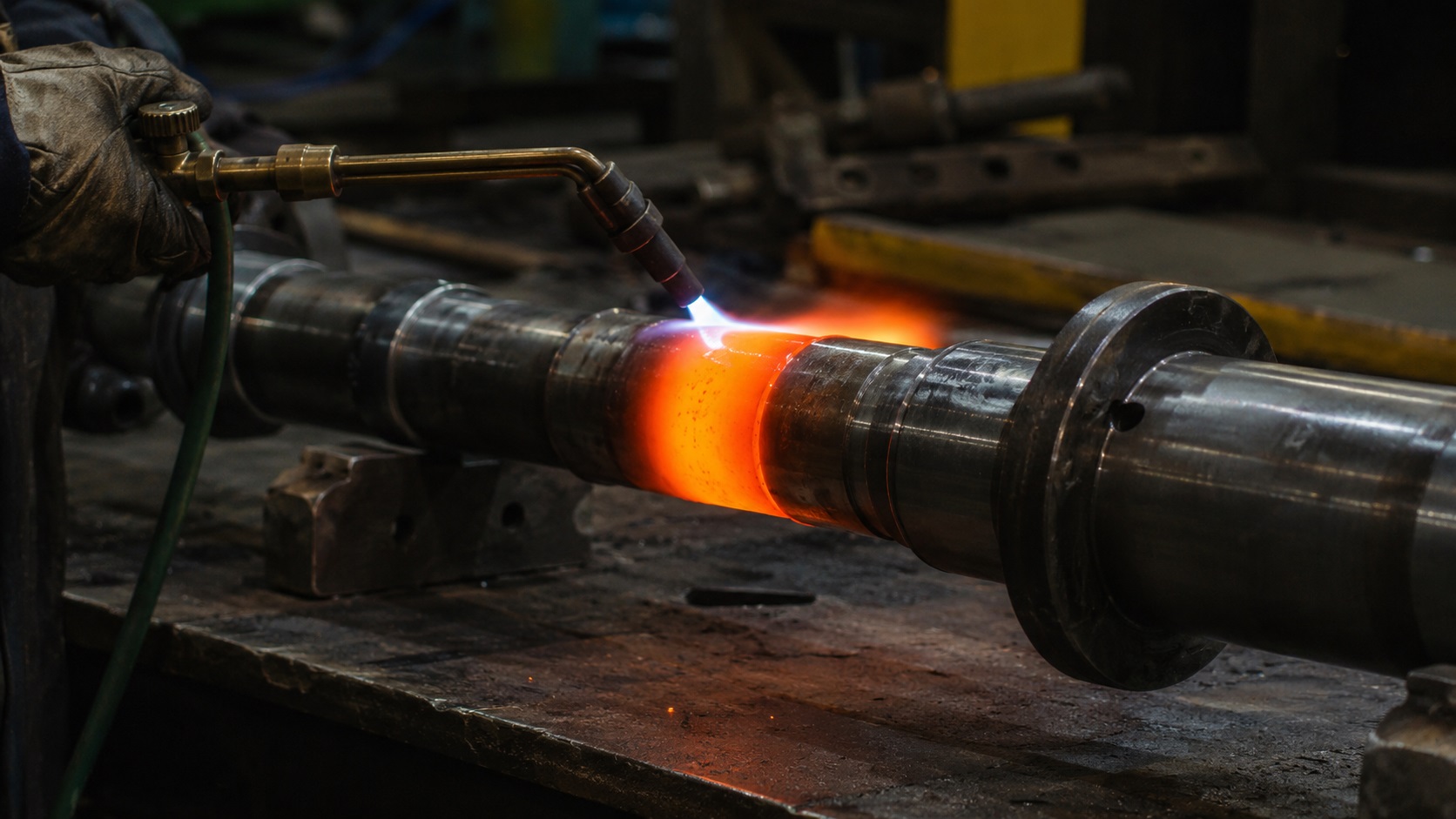 Steel shaft being annealed with an oxy-acetylene torch in an industrial fabrication workshop
