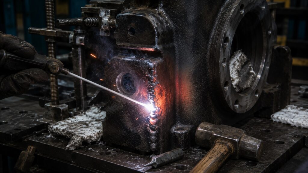 Nickel rod welding repair on cracked cast iron component with clamps peening hammer and workshop tools