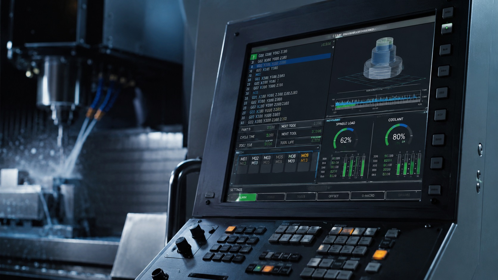 CNC control panel displaying active M-codes during machining