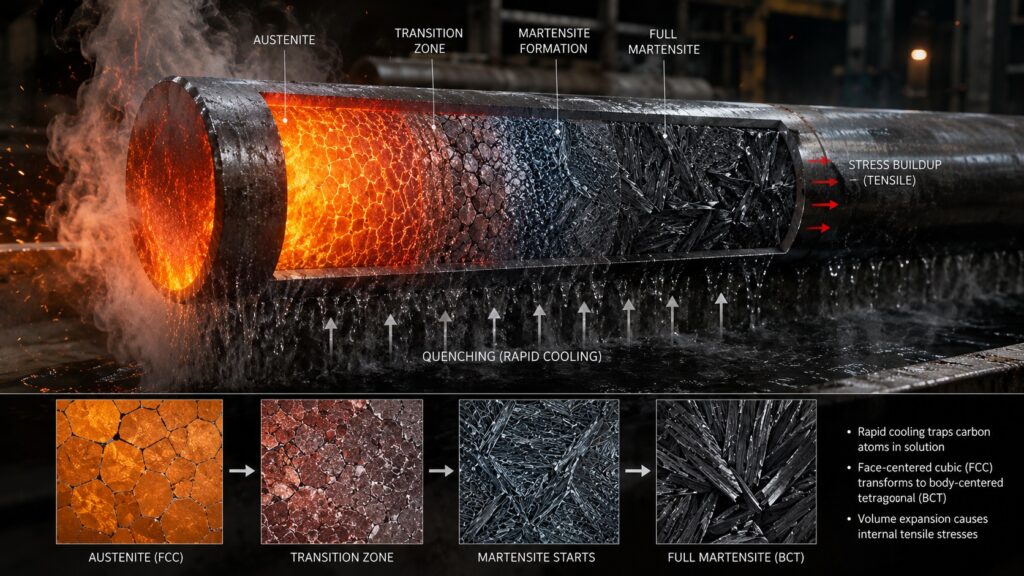 Martensite formation during steel quenching
