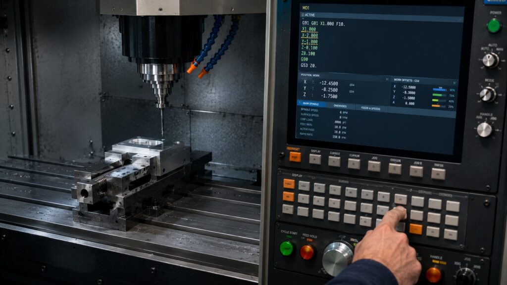 CNC operator testing incremental positioning movements in MDI mode