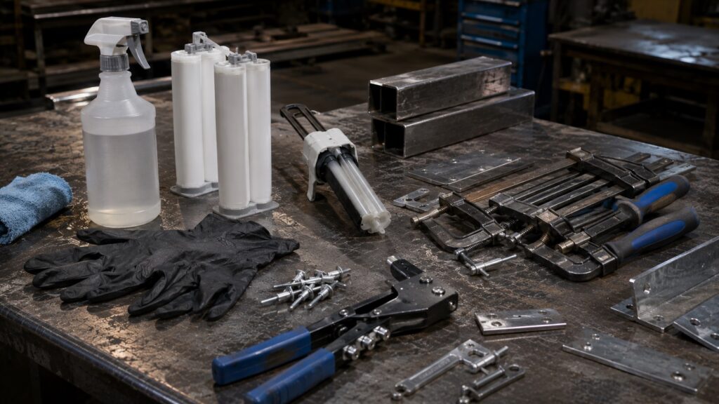 organized workshop setup for bonding metal without welding