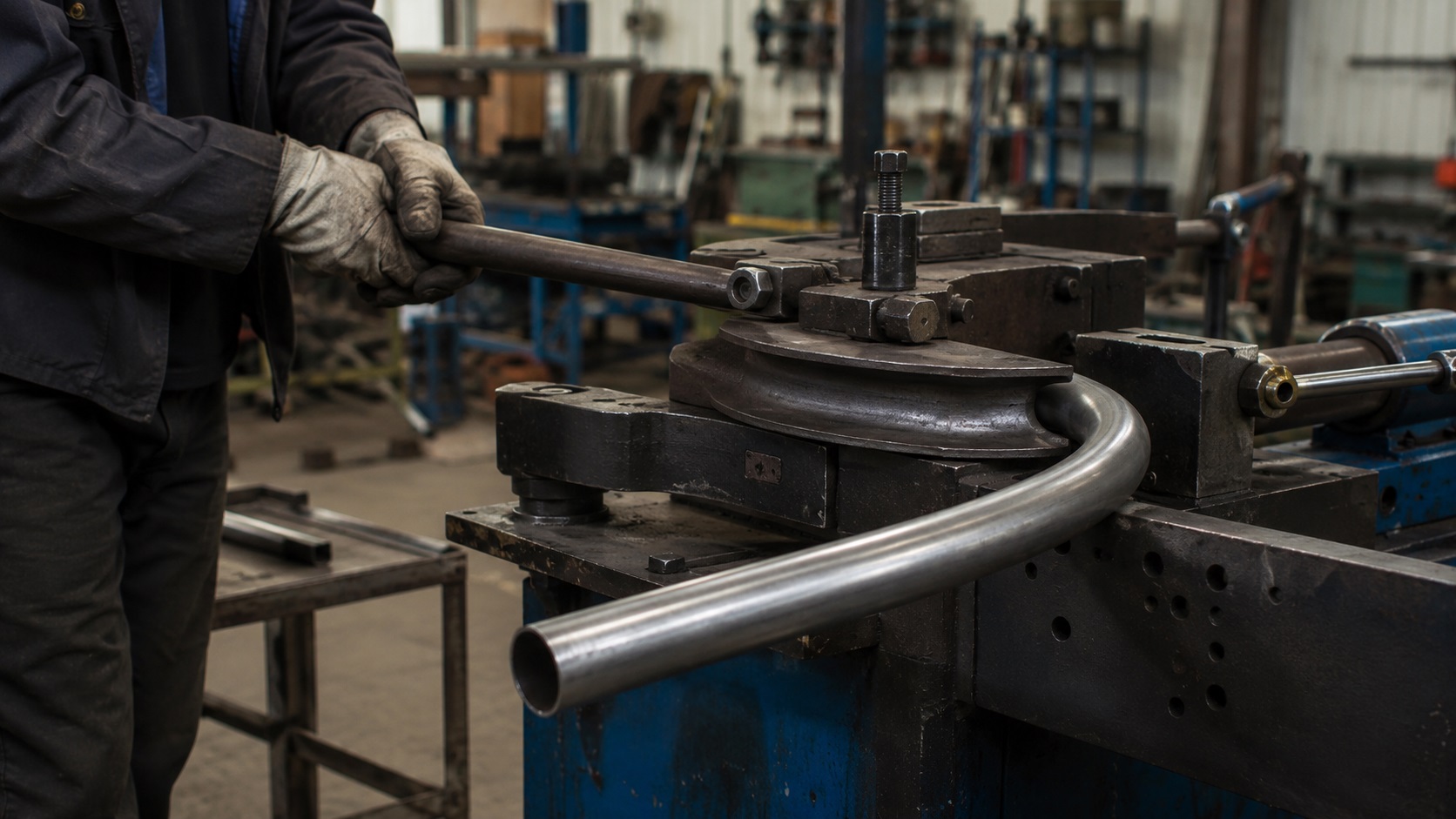 Hydraulic bending of steel tubing inside a fabrication workshop