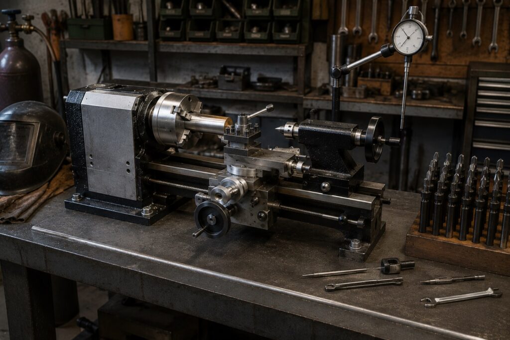 Minilathe bolted to a rigid bench for better machining stability