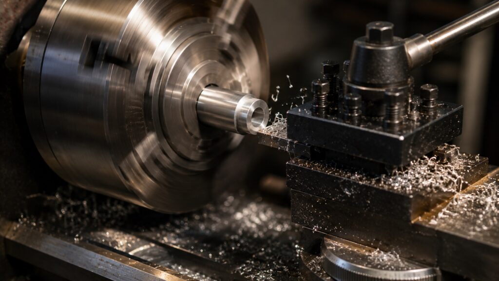 Minilathe turning a small aluminum spacer with light cutting pass