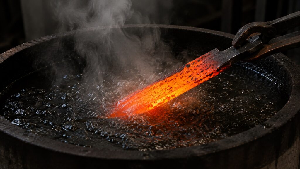 Oil quenching high-carbon file steel blade in workshop