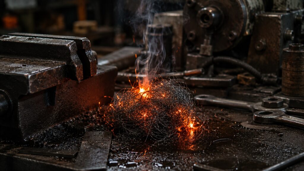 Oily steel wool creating a fire hazard inside a workshop